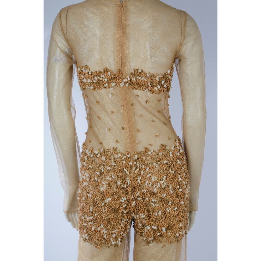 VTG One of a Kind Couture Jumpsuit Sheer Metallic Gold Beaded Wide Leg Designer - Picture 15 of 16